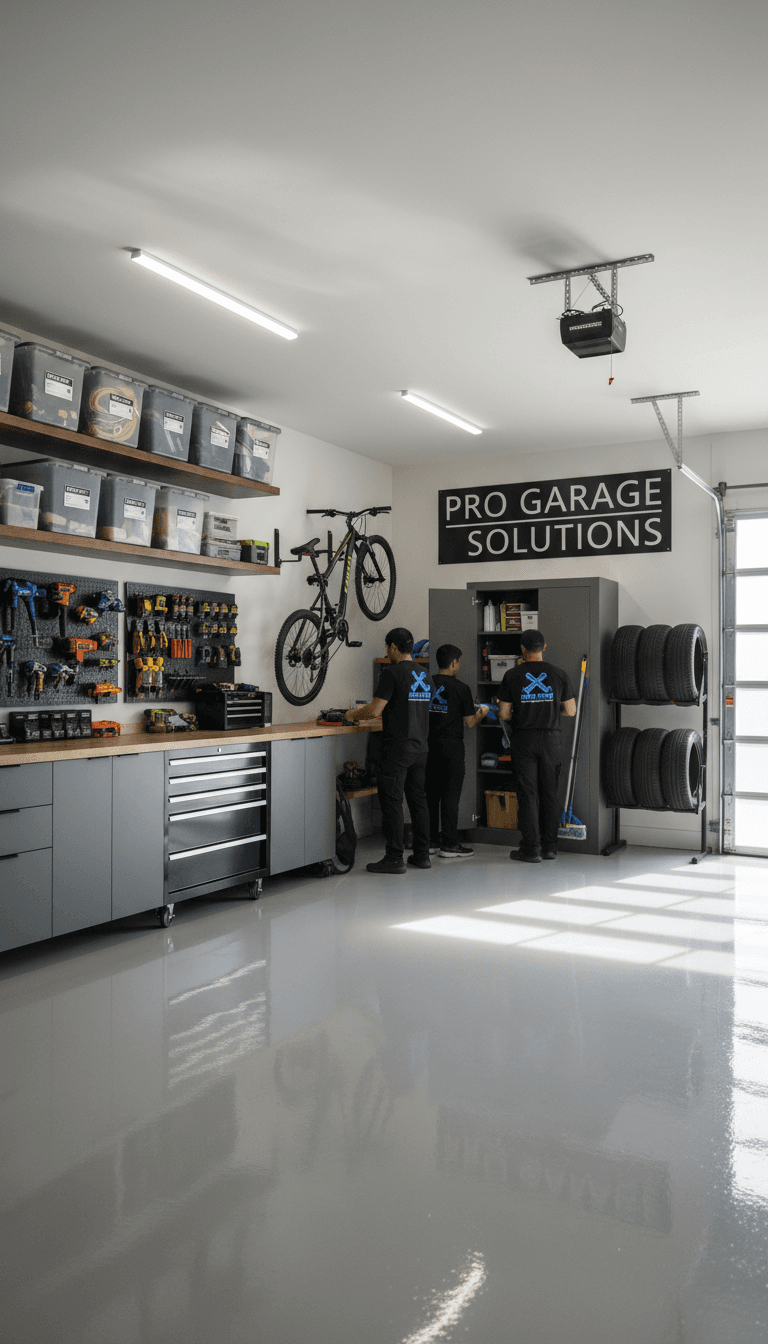 Clean organized garage with epoxy flooring and storage systems