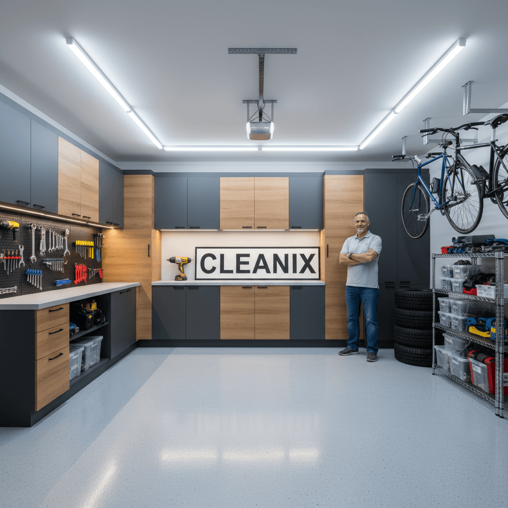 Neatly organized garage with custom cabinets and satisfied homeowner