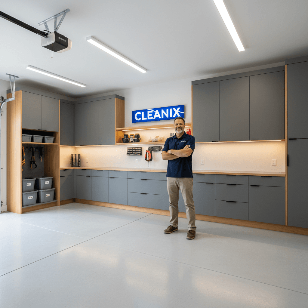 Bright, organized residential garage with custom gray and wood cabinetry, LED lighting, and satisfied homeowner viewing the completed storage solution