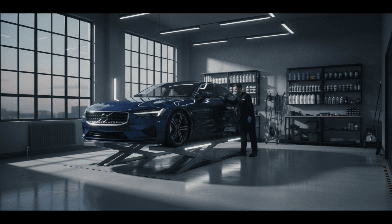 Professional detailing garage with sedan on hydraulic lift, technician at work, organized workspace with premium equipment and natural lighting