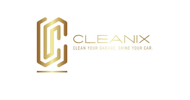 Gold Cleanix logo with stylized C icon and tagline Clean your garage, shine your car.
