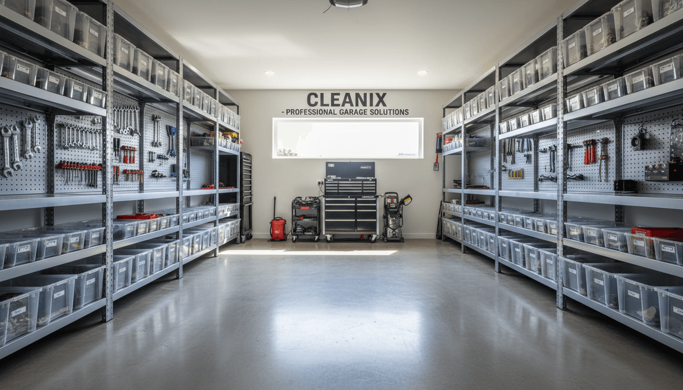 Organized garage with clean floors and neatly arranged shelving