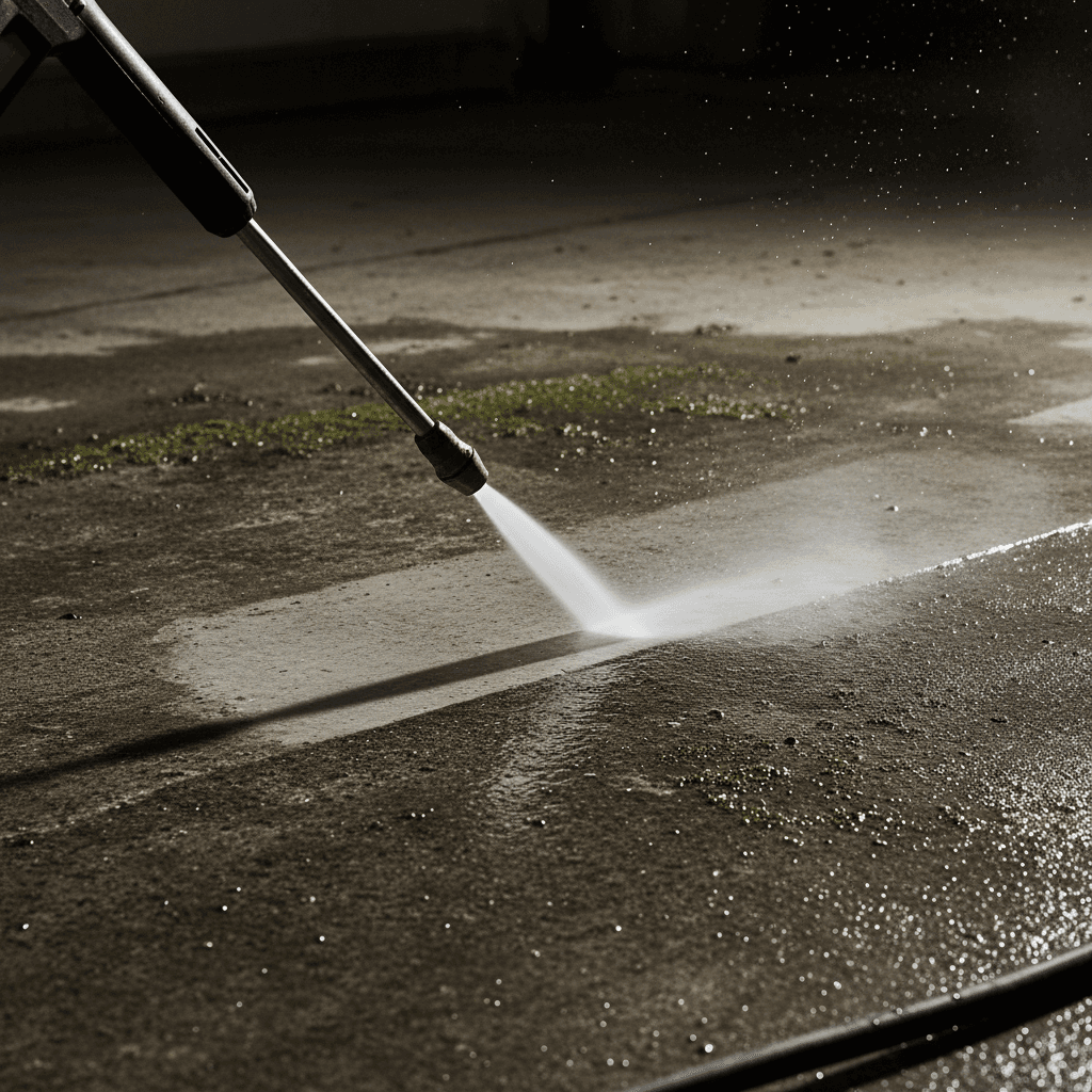 Pressure washer cleaning a concrete garage floor