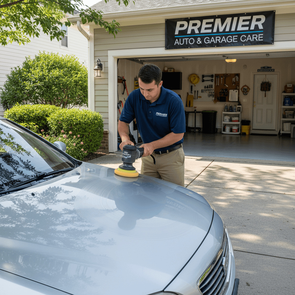 Professional detailer polishing silver sedan in residential driveway with specialized equipment and premium care techniques