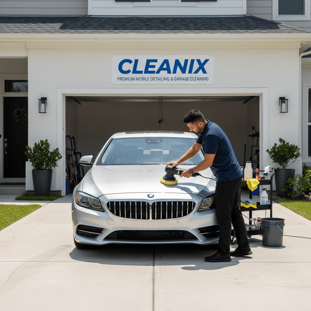 Detailer polishing silver sedan in driveway, showcasing premium car care techniques