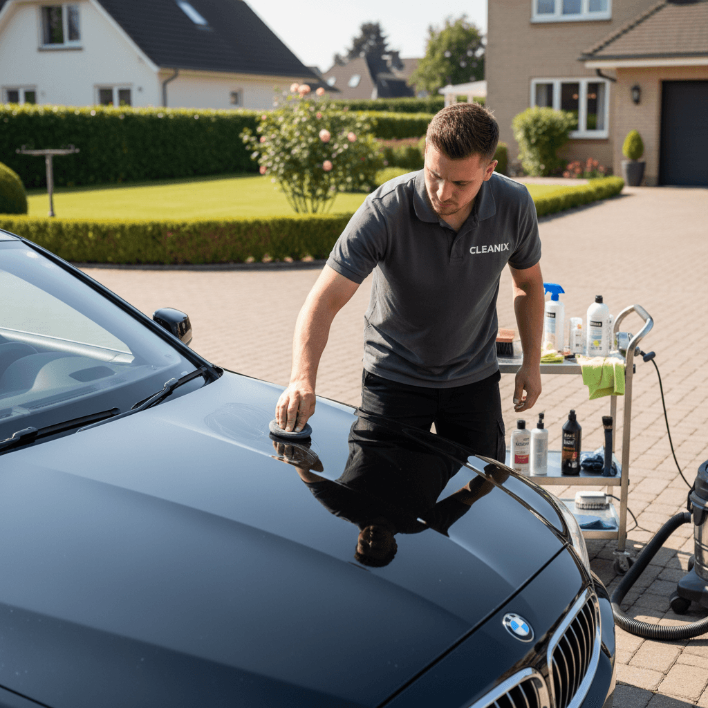Cleanix mobile detailing specialist waxing a black sedan in a driveway