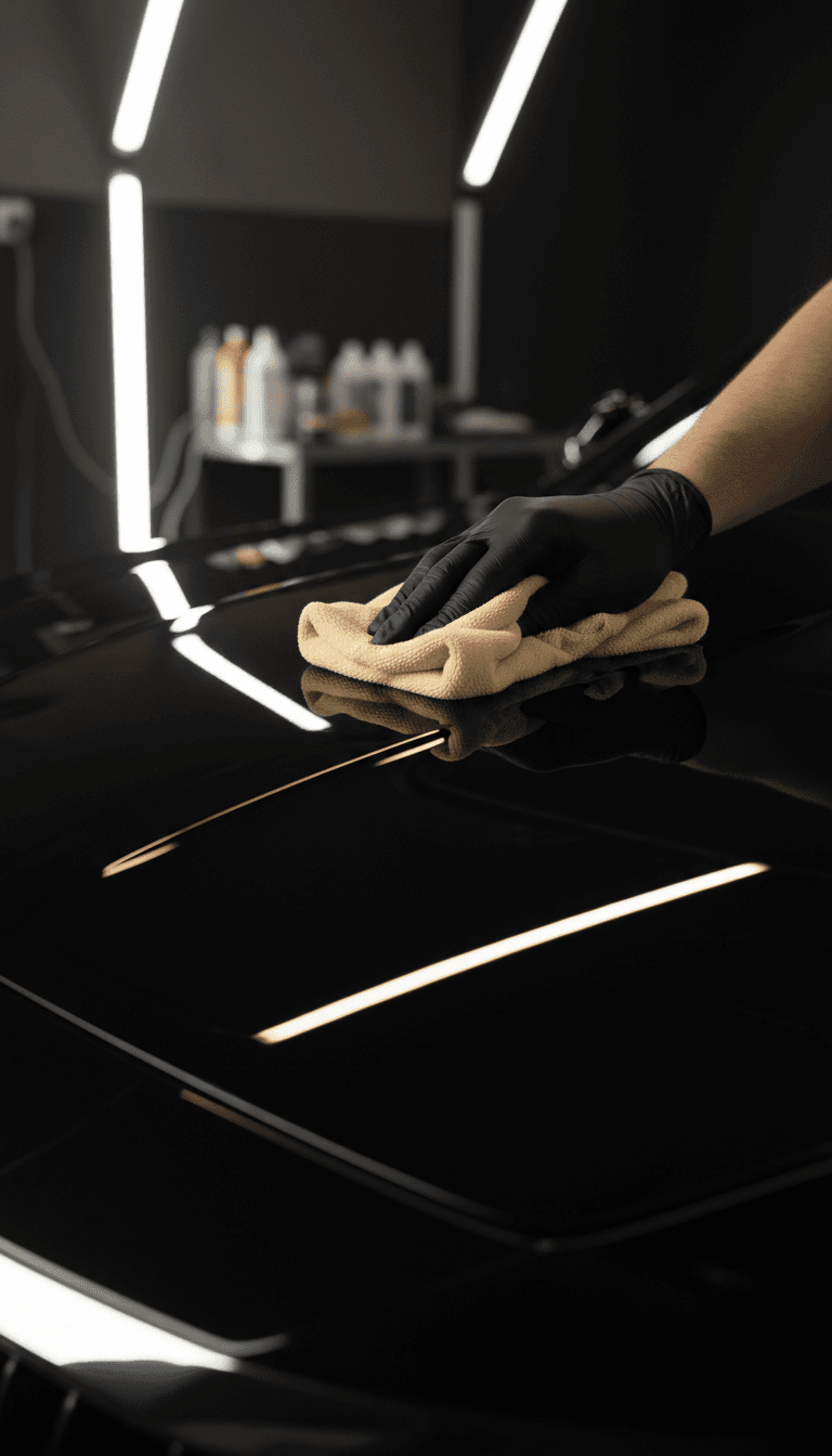 Professional hand polishing a car hood with microfiber cloth
