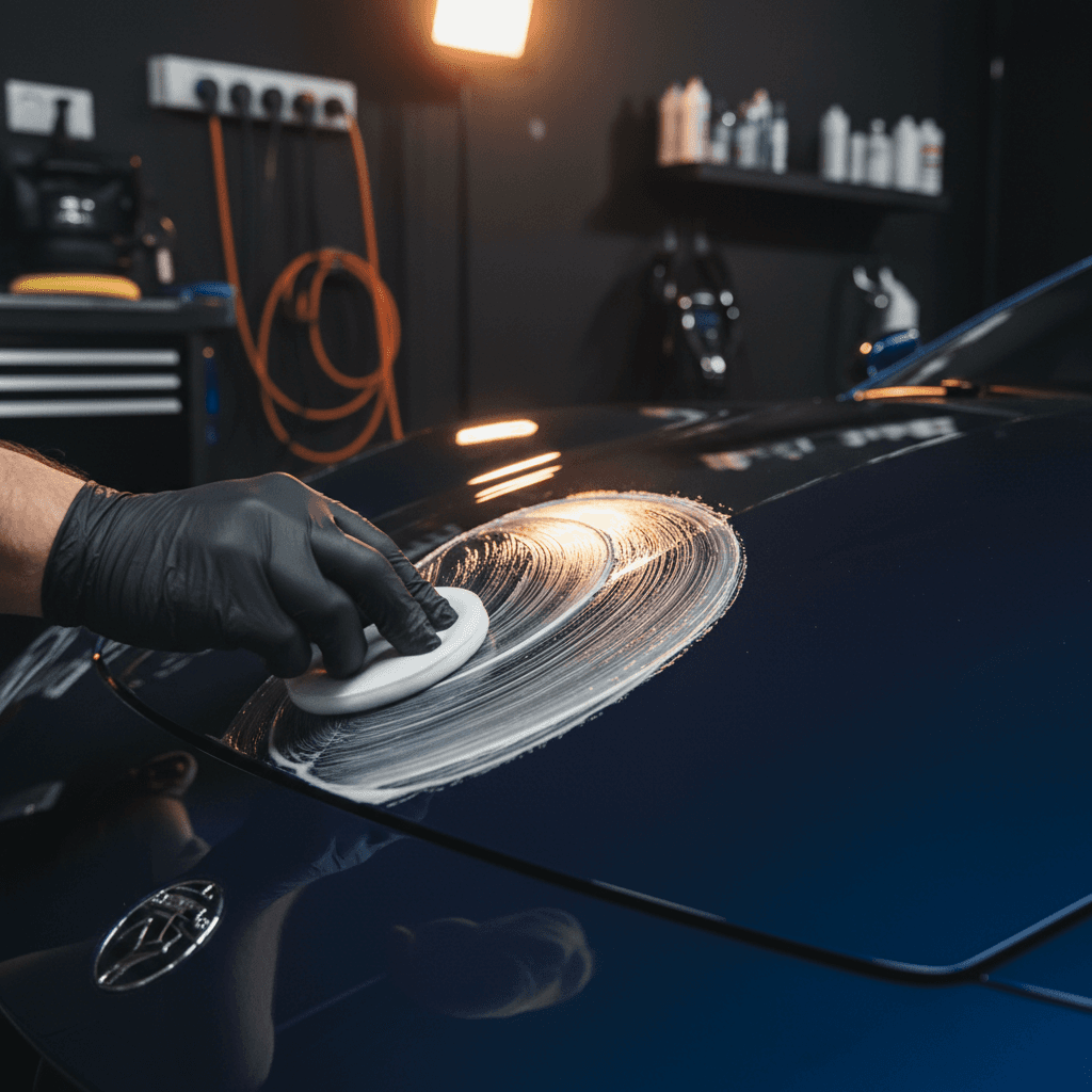 Professional applying wax treatment to vehicle exterior during mobile detailing service