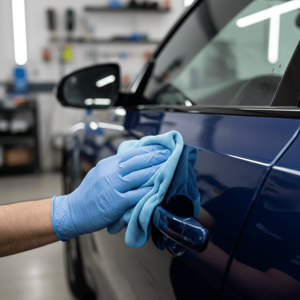 Polishing a car door to a glossy finish