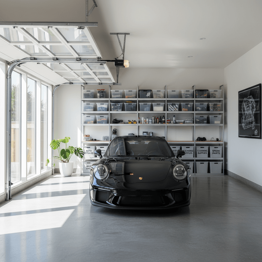 Clean garage with a freshly detailed car parked inside