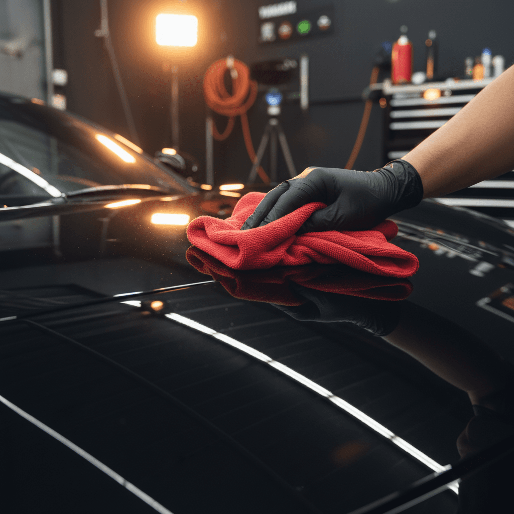 Hand polishing a car hood to a mirror shine