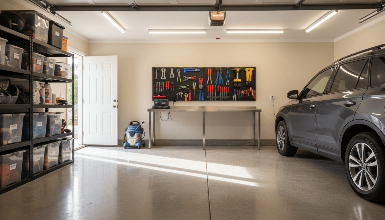 Organized residential garage with polished floor and neat tool storage after professional garage cleaning service