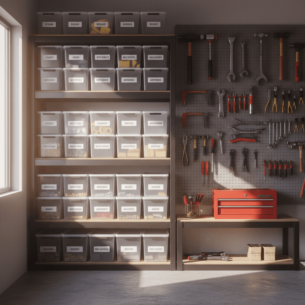 Organized garage shelving with labeled bins and tools on a pegboard