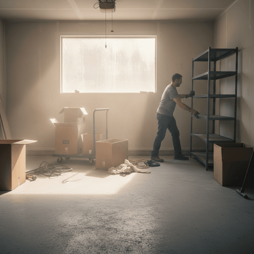 Worker clearing boxes and shelving from a garage during a cleanout