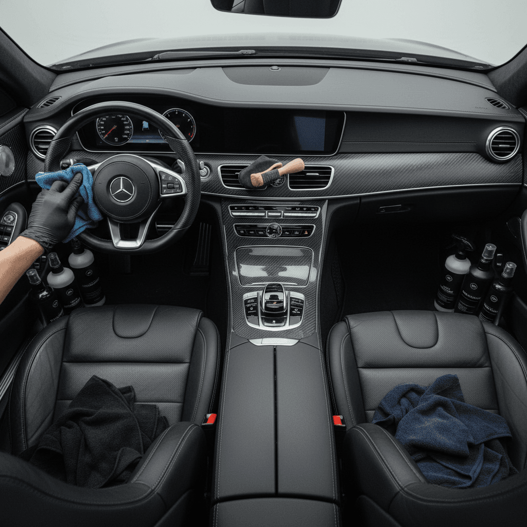 Overhead view of detailer cleaning and conditioning vehicle dashboard and steering wheel with professional tools and premium products