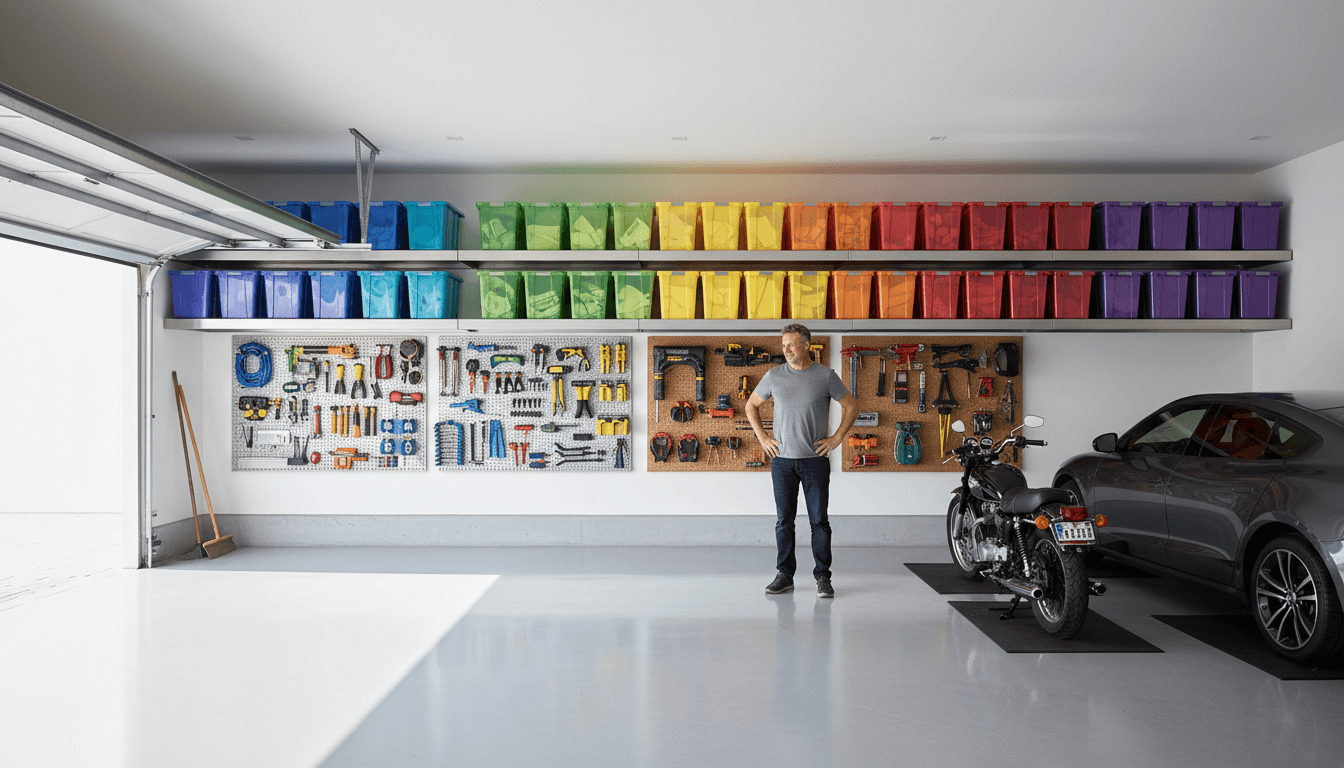 Clean organized garage with shelving and spotless floor