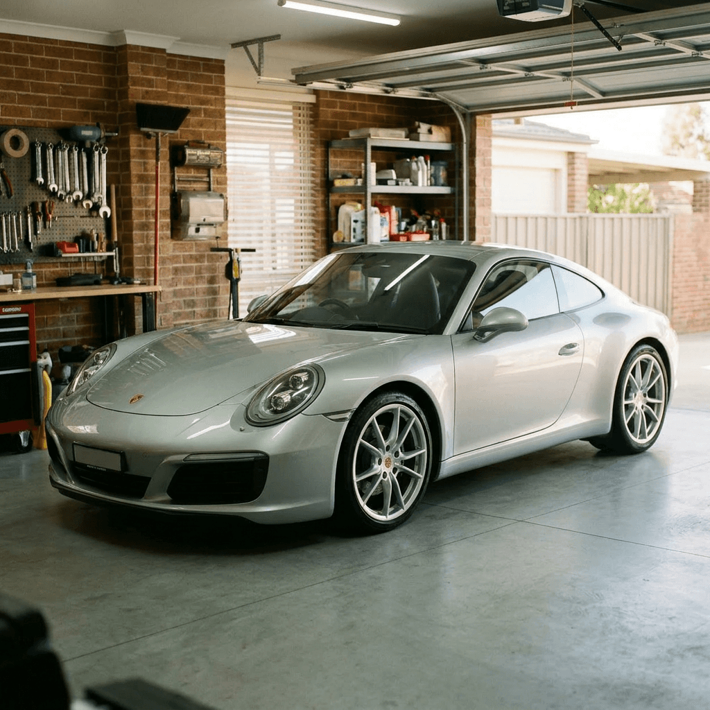 A clean silver Porsche 911 sports car is parked inside a well-organized brick garage with tools and shelves.